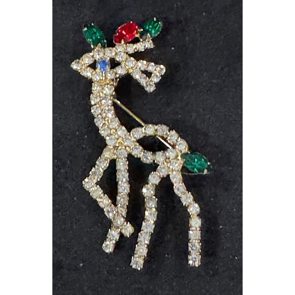 None Jewelry - Vintage Rhinestone Reindeer Brooch Pin Gold Tone Christmas Jewelry CP144